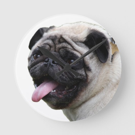 Handsom白いPugフォトアクセサリー、名前を追加 ラウンド壁時計 (正面)