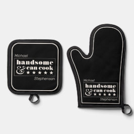 Handsome & Can Cook Mens Black White Father's Day 鍋つかみ&鍋敷きセット