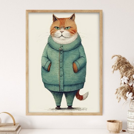 Handsome Ginger Cat In Green Sweater, Funny Cat De ポスター