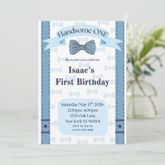 Handsome One Baby Boy First Birthday Party Invite 招待状 (スタンド正面)