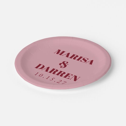 Handwriting Script Red Pink Custom Wedding ペーパープレート (アングル)
