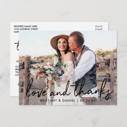 Handwritten Black Script Love and Thanks Wedding ポストカード (正面/裏面)