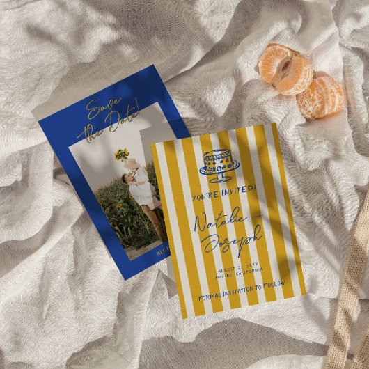 Handwritten Blue Yellow Italian Photo Wedding セーブザデート