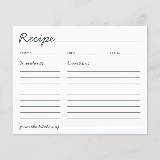 Handwritten Chic Green Bridal Shower Recipe Card (正面)
