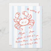 Handwritten Lobster Nautical Red Blue Wedding 招待状 (正面/裏面)