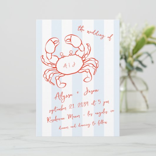 Handwritten Lobster Nautical Red Blue Wedding 招待状 (スタンド正面)