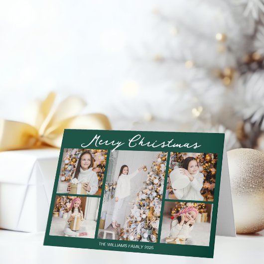 Handwritten Merry Christmas Green Photo Collage シーズンカード