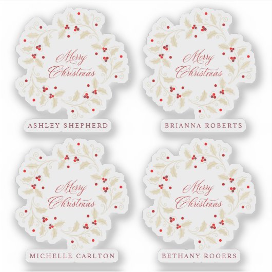 Handwritten Merry Christmas Holly Branches Wreath シール (正面)