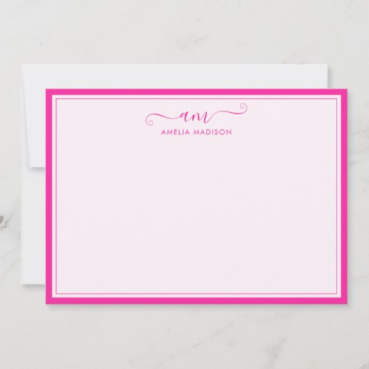 Handwritten Monogram Vibrant Pink ノートカード (正面)