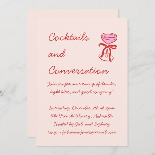 Handwritten Playful Cocktail Doodle Red Pink 招待状 (正面/裏面)