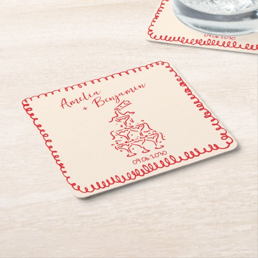 Handwritten  retro Champagne Tower Wedding  スクエアペーパーコースター (アングル)