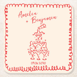 Handwritten  retro Champagne Tower Wedding  スクエアペーパーコースター