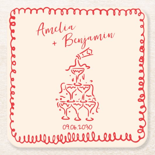 Handwritten  retro Champagne Tower Wedding  スクエアペーパーコースター (正面)