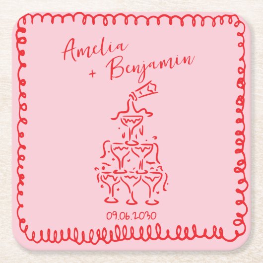 Handwritten  retro Champagne Tower Wedding  スクエアペーパーコースター (正面)
