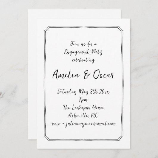 Handwritten Script Black White Engagement Party 招待状 (正面/裏面)