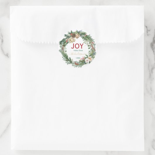 Handwritten Script Christmas Joy Wreath Name  ラウンドシール (バッグ)
