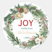 Handwritten Script Christmas Joy Wreath Name  ラウンドシール (正面)