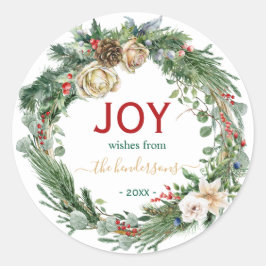 Handwritten Script Christmas Joy Wreath Name ラウンドシール