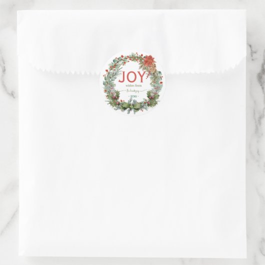 Handwritten Script Christmas Joy Wreath Name Green ラウンドシール (バッグ)