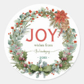 Handwritten Script Christmas Joy Wreath Name Green ラウンドシール (正面)