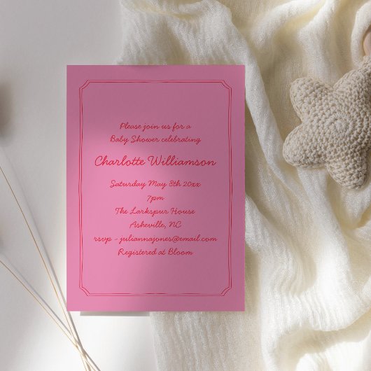 Handwritten Script Pink Red Border Baby Shower 招待状