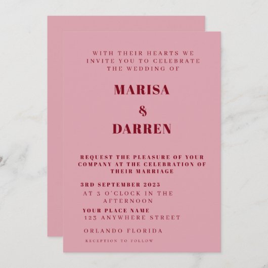 Handwritten Script Pink & Red Custom Wedding 招待状 (正面/裏面)