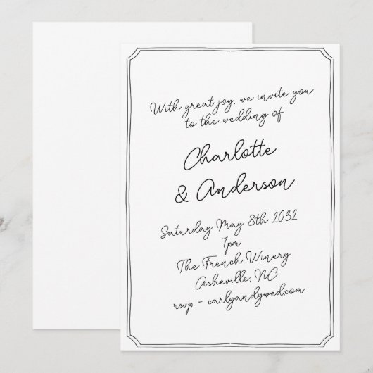 Handwritten Script Whimsy Quirky Frame Wedding 招待状 (正面/裏面)