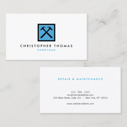 Handyman, Carpenter, Builderの青いロゴ 名刺 (正面/裏面)