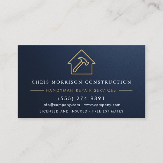 Handyman Construction Metallic Gold Navy Blue  名刺 (正面)