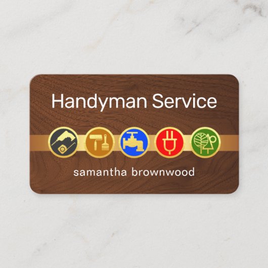 Handyman Tool Icons On Gold Tab Timber Wood 名刺 (正面)