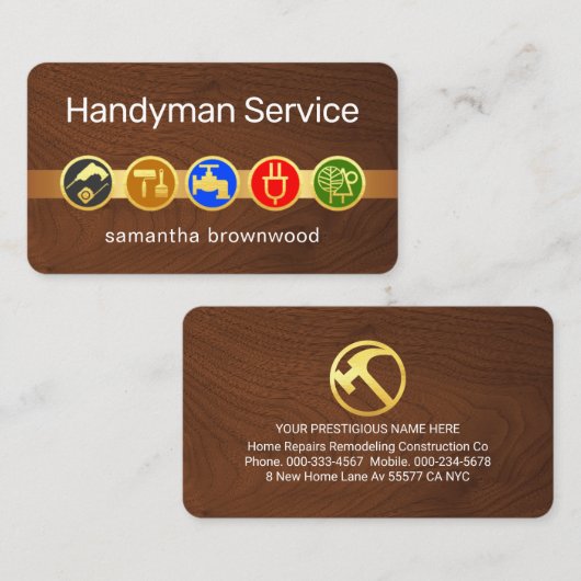 Handyman Tool Icons On Gold Tab Timber Wood 名刺 (正面/裏面)