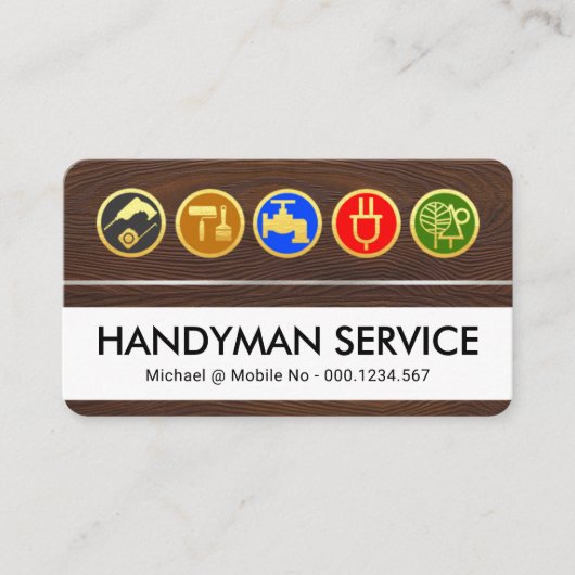 Handyman Tools Icon On Timber Wood Grain 名刺 (正面)