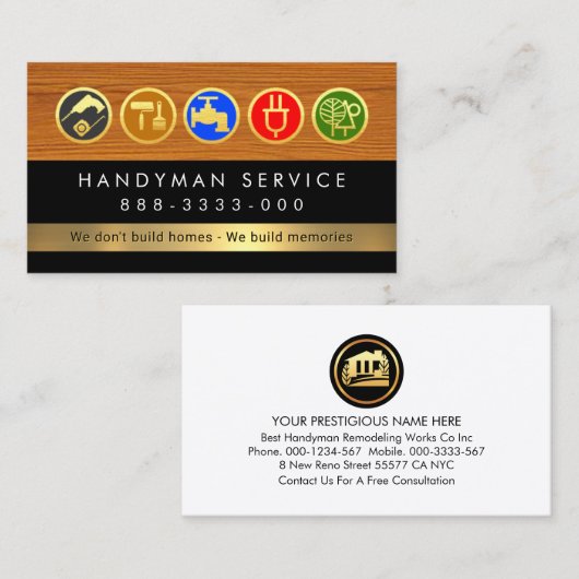 Handyman Tools On Timber Wood Layer 名刺 (正面/裏面)