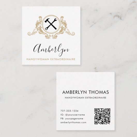 HandywomanカスタムロゴQRコード金ゴールドブラック スクエア名刺 (正面/裏面)