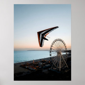 Hang Glider Soaring Over Coastal Ferris Wheel  ポスター