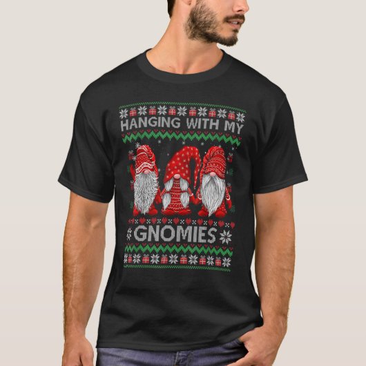 Hanging with Gnomies Plaid Red Ugly Christmas Swea Tシャツ (正面)