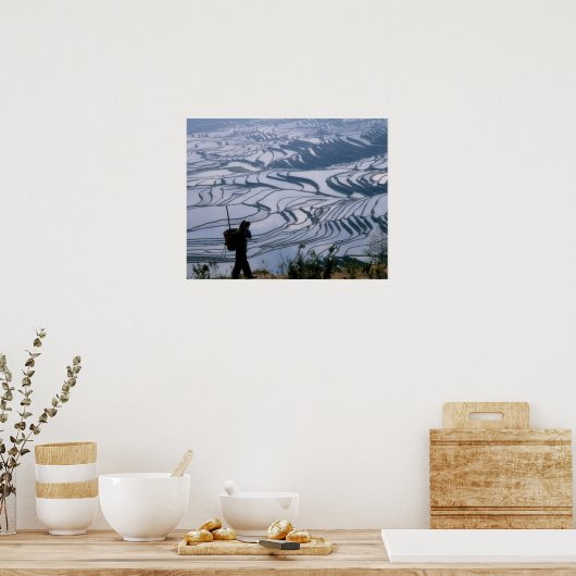 Hani girl carrying basket with rice terrace, ポスター (キッチン)