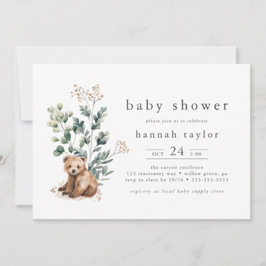 HANNAHかわいいボホサマーベアーウッドランドベビーシャワー 招待状 (正面)