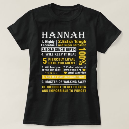 HANNAH Highly Eccentric 10 Facts Shirtファーストネーム Tシャツ (デザイン正面)