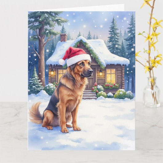 Hanoverian Scenthound Snowy Forest Cabin Santa Hat カード (黄色い花)