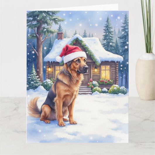 Hanoverian Scenthound Snowy Forest Cabin Santa Hat カード (正面)