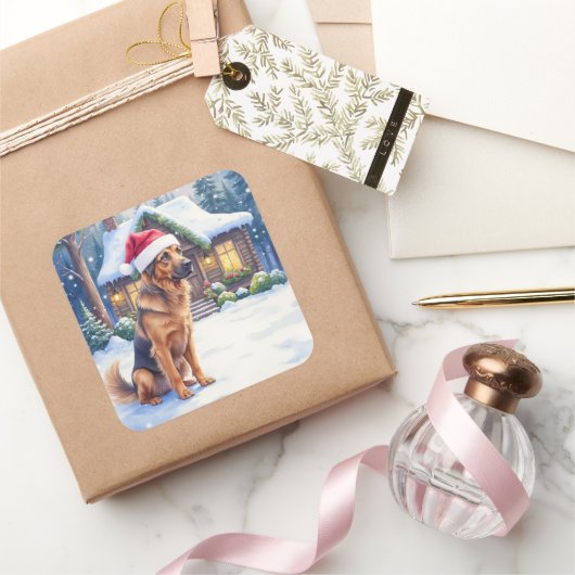 Hanoverian Scenthound Snowy Forest Cabin Santa Hat スクエアシール (ギフト)