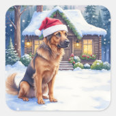 Hanoverian Scenthound Snowy Forest Cabin Santa Hat スクエアシール (正面)