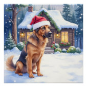 Hanoverian Scenthound Snowy Forest Cabin Santa Hat ポスター (正面)