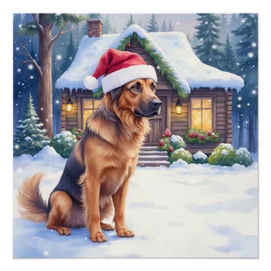 Hanoverian Scenthound Snowy Forest Cabin Santa Hat ポスター (正面)