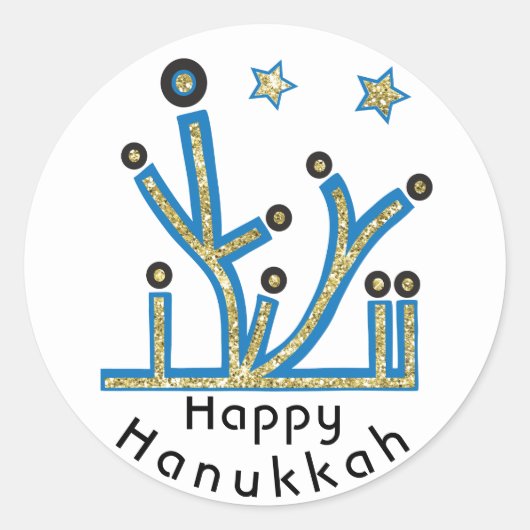 Hanukkahステッカー「ブルーきらきら光る（ユダヤ教）メノラー」 ラウンドシール (正面)