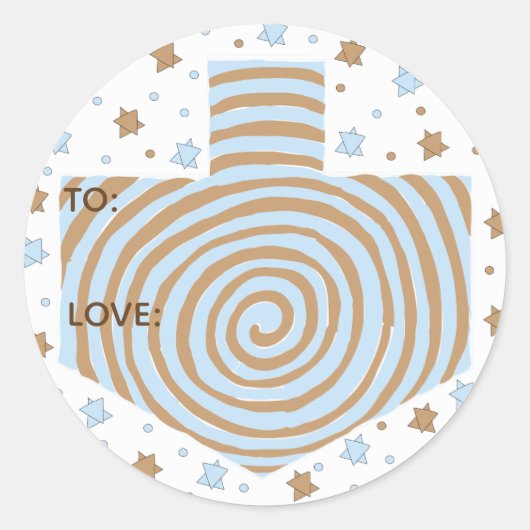 Hanukkahステッカー（1 1/2"または3"）Dreidl/Blue/Brown ラウンドシール (正面)