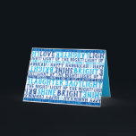 HANUKKAHラブライト笑いタイポグラフィブルー シーズンカード<br><div class="desc">このハッピーハヌカー愛ライト笑いカードは全て言っている！あなたの良い願いを送信し、誰かの日を明るくする。このカードは、家族と友人に幸せなハヌカー（ユダヤ教の祭り）を願う素晴らしい方法であるフレーズを含む愛の光の笑い。私は少し夢を持っている、輝く、そして夜を照らす。ファンキーモダンカジュアル青と白の書体伝統的書体PLUS – これらのもし行のうち3つを選択すると、自分の個人的なメッセージに変更できる!!どうクールだ？このもしデザインのバリエーションをご覧になりたい場合は、BestDressedBread@gmail.comメールでお問い合わせください。</div>