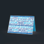 HANUKKAHラブライト笑いタイポグラフィブルー シーズンカード<br><div class="desc">このハッピーハヌカー愛ライト笑いカードは全て言っている！あなたの良い願いを送信し、誰かの日を明るくする。このカードは、家族と友人に幸せなハヌカー（ユダヤ教の祭り）を願う素晴らしい方法であるフレーズを含む愛の光の笑い。私は少し夢を持っている、輝く、そして夜を照らす。ファンキーモダンカジュアル青と白の書体伝統的書体PLUS – これらのもし行のうち3つを選択すると、自分の個人的なメッセージに変更できる!!どうクールだ？このもしデザインのバリエーションをご覧になりたい場合は、BestDressedBread@gmail.comメールでお問い合わせください。</div>