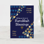 HANUKKAH BLESSINGS Dreidel Menorah Stars Religious シーズンカード<br><div class="desc">Stylish blue and gold GREETING CARD to wish your family and friends a Happy Hanukkah, which says WISHING YOU THE BEST OF HANUKKAH BLESSINGS in white typography with FAMILY, FRIENDS & FUN and PEACE, LOVE & JOY in cyan blue typography in the corners. This is set against a background of...</div>
